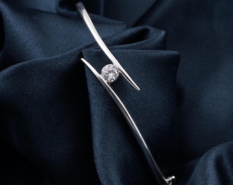 Diamond Solitaire Cuff Bangle: 14k White Gold Plated Sterling Silver