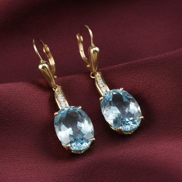 Aquamarine Drop Earrings, Diamond Accents, 14K Yellow Gold Plated 925 Sterling Silver, March Birthstone Gift, Elegant Dangle Earrings