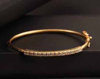 Handmade 14k Gold Plated Bangle: Simulated Diamond Classic Thin Bracelet