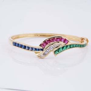 Multi Gemstone Cuff Bangle, 14k Gold plated, Handmade Princess Cut Gemstone Bangle Bracelet, Ruby, Emerald, Diamond, Sapphire Gem For Her