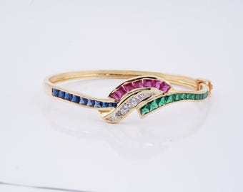 Handmade Princess Cut Gemstone Cuff Bangle: 14k Gold Plated Sterling Silver