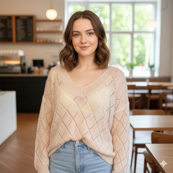 Handmade Alpaca Lurex Sweater, Peach Open Knit V-Neck, Size M-L