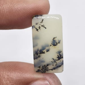 May include: A rectangular dendritic agate gemstone with a smooth, polished surface. The stone features an off-white, cream-colored base with intricate, dark black, fern-like inclusions that branch out across the surface in a natural, organic pattern.