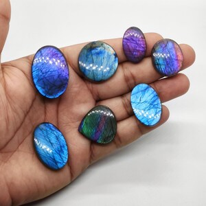 May include: A collection of polished labradorite gemstones in various shapes, including oval and teardrop. The stones display iridescent flashes of blue, purple, and green, with a glossy finish. The gemstones are held in a hand against a white background.