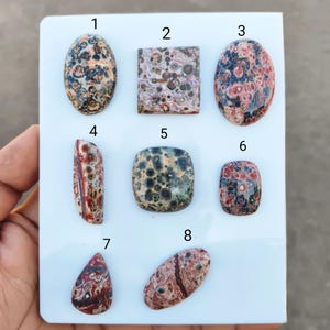May include: A collection of eight polished gemstones in various shapes, including oval, rectangular, and teardrop. The stones display a range of colors, such as brown, black, red, and cream, with unique patterns and textures. The gemstones are displayed on a white surface.