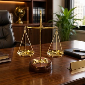 Puede incluir: Una balanza de justicia de metal dorado con dos platos equilibrados suspendidos por cadenas de una barra central. La balanza está montada sobre una base circular de madera marrón oscuro con pequeños detalles metálicos sobre un escritorio de madera pulida.