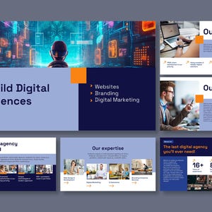 May include: A digital agency presentation template featuring a dark blue and light blue color scheme with orange accents. The slides include text such as We Build Digital Experiences, Our values, Our mission, and Our expertise, alongside imagery of technology, office environments, and business professionals.