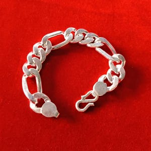 Solid Silver Wide Figaro Chain Bracelet Mens, Chunky Heavy Silver Figaro Link Bracelet