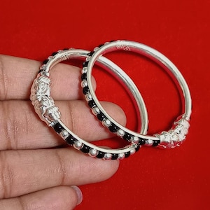 New Baby Silver Bangle, Black Beads Nazariya, Newborn Cuff Bangle, Baby Protection Jewelry