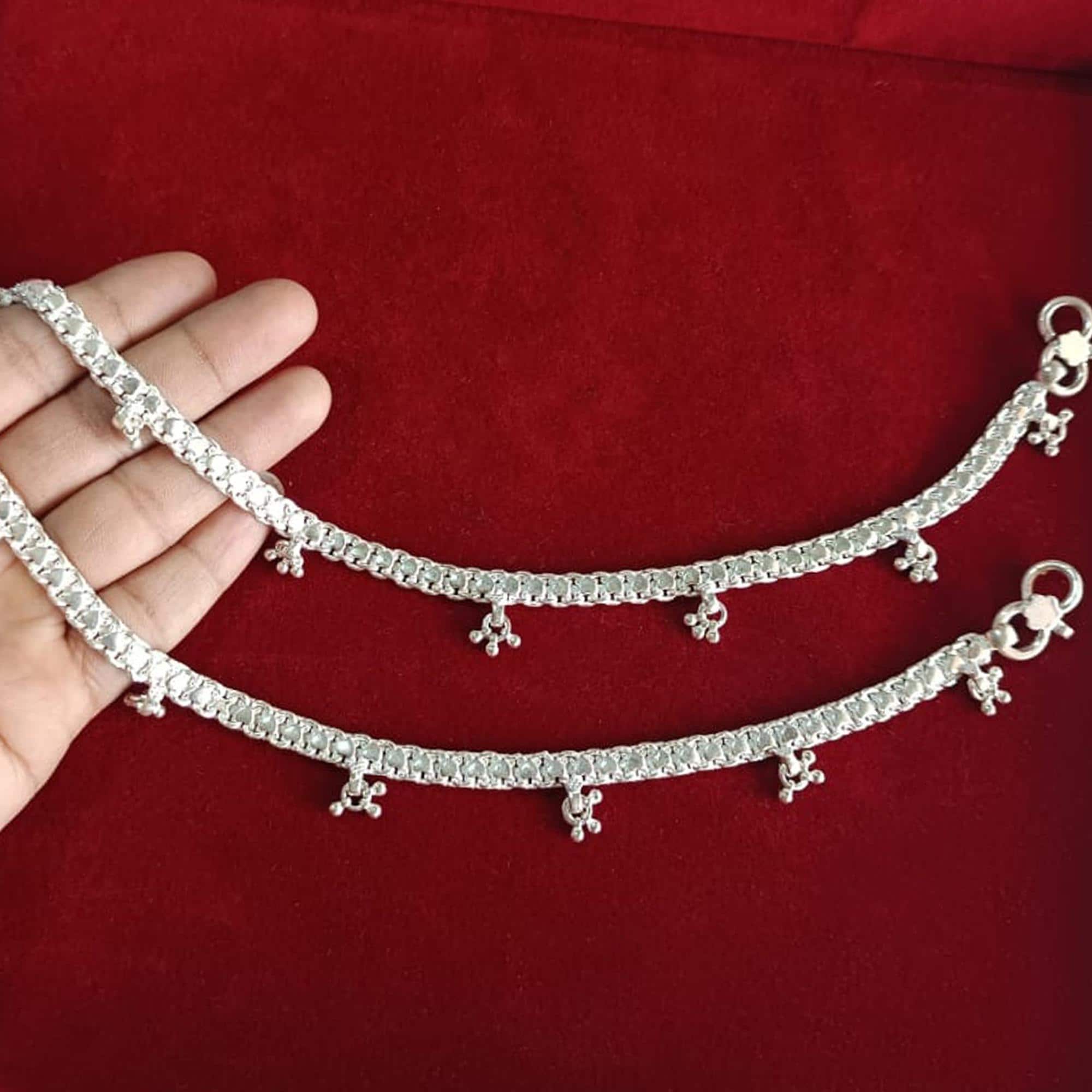 Handmade Sterling Silver Indian Payal Anklet Pair with Bells