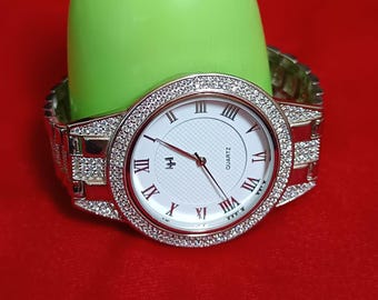 Pure Silver Men's Watch Automatic Round White Dial Watch with Cubic Zirconia BIS Hallmarked