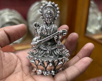 Sterling Silver Saraswati Idols Statue Customized Hindu Goddess Sculpture