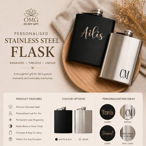May include: Personalised stainless steel flasks in matte black and silver. One flask is black with the name "Ailis" engraved, the other is silver with the initials "CM". The image also shows personalisation ideas and product features.
