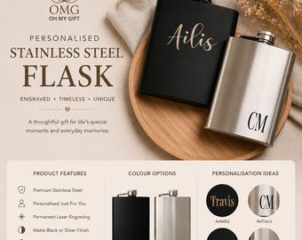 Personalised Stainless Steel Flask | Custom Engraved Hip Flask | Bridesmaid, Groomsmen & Birthday Gift