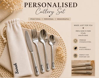 Personalised Stainless Steel Cutlery Set with Linen Pouch, Custom Engraved Travel Utensils