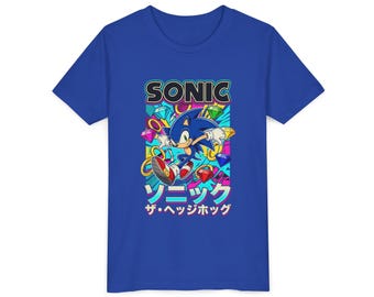 Sonic Geschwindigkeit Jugend T-Shirt | Retro Gamer Grafik Tee | Kinder Videospiel Shirt | Unisex Fast Blue Hero Top | Klassisches Spiel Fan Geschenk