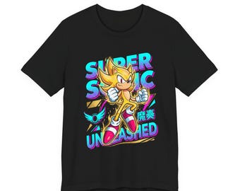 Super Sonic entfesseltes T-Shirt | Retro Geschwindigkeit Held Grafik T-Shirt | Unisex Gamer-Shirt | Klassisches Videospiel-Fan Top | Power-Up Design