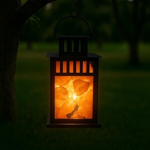 K&ouml;nnte beinhalten: Eine dunkelbraune Laterne, die an einem Ast h&auml;ngt. Die rechteckige Laterne hat vertikale Lamellen und einen Griff. Im Inneren leuchten orangefarbene Kristalle und erhellen den Innenraum, wodurch eine warme Atmosph&auml;re entsteht. Der Hintergrund ist verschwommen gr&uuml;n.