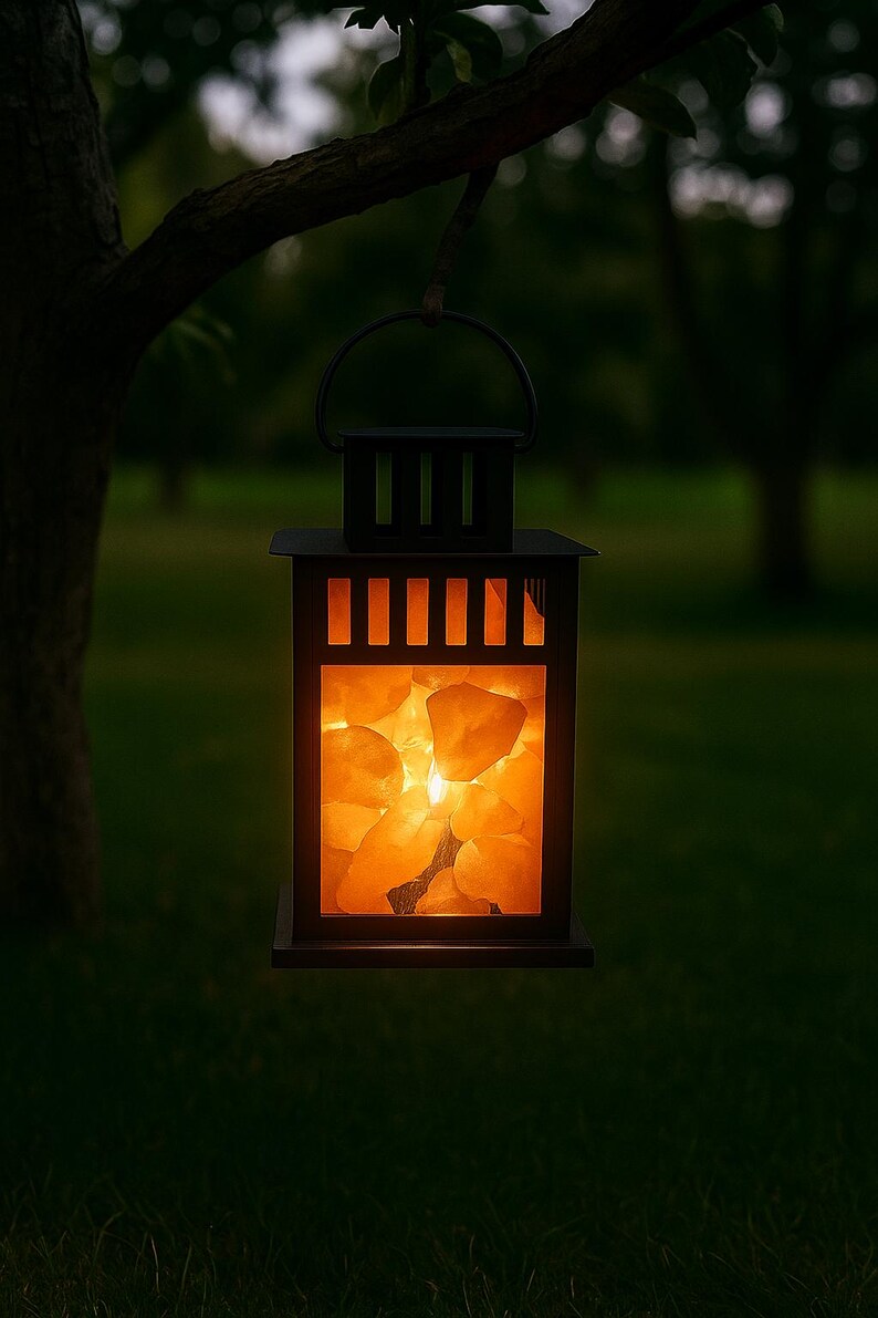 K&ouml;nnte beinhalten: Eine dunkelbraune Laterne, die an einem Ast h&auml;ngt. Die rechteckige Laterne hat vertikale Lamellen und einen Griff. Im Inneren leuchten orangefarbene Kristalle und erhellen den Innenraum, wodurch eine warme Atmosph&auml;re entsteht. Der Hintergrund ist verschwommen gr&uuml;n.