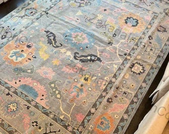 Handmade Oushak Wool Rug | Soft Pastel Gray Oriental Carpet | Vintage Style Turkish Floral Area Rug for Living Room,Bedroom 5x8 6x9 9x12 Rug