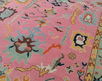 Handgeknoopt roze Oushak-vloerkleed, Turks roze Oushak-vloerkleed in woonkamer, slaapkamer op maat gemaakt antiek wollen Oushak-vloerkleed 6 x 9, 7 x 10, 8 x 10 roze blauw vloerkleed