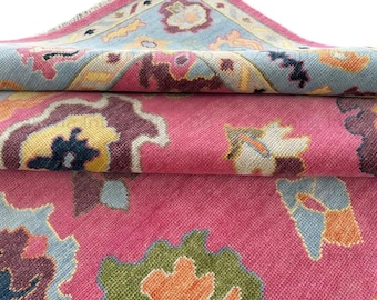 Roze blauw oushak-vloerkleed woonkamer slaapkamer op maat gemaakt roze oushak-tapijt traditioneel oushak-tapijt 6 x 9 roze kinderkamertapijt esthetisch laagpolig vloerkleed