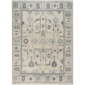 12x115 Light Blue Hand Knotted Oushak Rug | Turkish Wool Vintage Area Carpet | Soft Neutral Oriental Rug for Living Room or Bedroom Decor