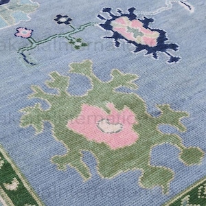 Hand Knotted Oushak Rug | Blue Green Pink Turkish Wool Carpet | blue oushak rug for bedroom hall | Handmade Boho Living Room 7x10 8x10
