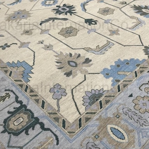 Blue and Gray Oushak Rug | Hand Knotted Wool Turkish Carpet | Neutral Area Rug  Floral Motifs Vintage Living Room Rug 3x5 5x8 6x9 8x10 9x12