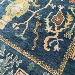 Navy Blue Hand-Knotted Oushak Rug – Large Turkish Wool Area Carpet with Colorful Tribal & Geometric Motifs