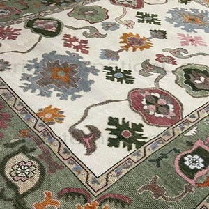 Green and Ivory Oushak Rug | Hand Knotted Wool Turkish Carpet | Colorful Vintage Area Rug Traditional Living Room Rug 3x5 5x8 6x9 8x10 9x12