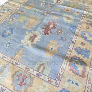 Blue Green Hand Knotted Oushak Large Area Living Room, Bedroom, Rug 6x9 7x10 9x12 Custom Size Oushak Muted Oushak Vintage Rug Contemporary