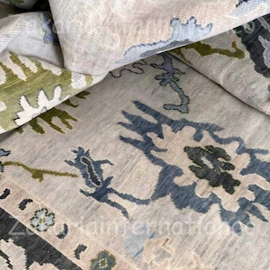 Hand Knotted Oushak Rug | Light Blue & Olive Green Turkish Wool Carpet | Vintage Style Oriental Area Rug | Soft Pastel Living Room Decor