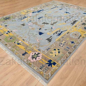 Hand Knotted Oushak Rug | Blue Yellow Turkish Wool Carpet Area Rug for Living Room Bedroom Hall 9x12 Green Blue Oushak Rug 8x10 7x10 10x14