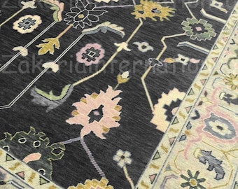 Tappeto Oushak annodato a mano nero-beige, tappeto Oushak nero, tappeto Oushak di design 8x10, tappeto Oushak nero, tappeto Oushak in pura lana, tappeti Oushak turchi