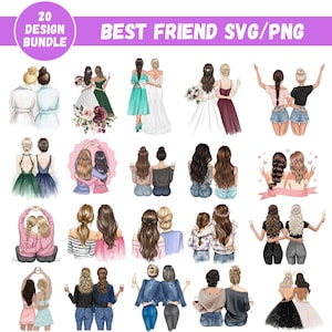 Op de afbeelding: Een verzameling van 20 design illustraties met paren van vrouwen in verschillende poses. De afbeeldingen tonen vrouwen in jurken, hand in hand en omarmend. Tekst bovenaan luidt "BEST FRIEND SVG/PNG" en "20 DESIGN BUNDLE".