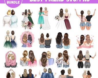 May include: A collection of 20 design illustrations featuring pairs of female figures in various poses. The images include women in dresses, holding hands, and embracing. Text at the top reads "BEST FRIEND SVG/PNG" and "20 DESIGN BUNDLE".
