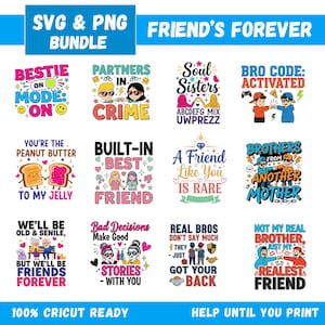Może przedstawiać: Zbiór kolorowych plików SVG i PNG z cytatami i grafikami o tematyce przyjaźni. Projekty zawierają frazy takie jak "Bestie on Mode", "Partners in Crime" i "Soul Sisters". Tekst "Friend's Forever" jest wyświetlany u góry.