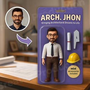Könnte beinhalten: Eine Spielzeugfigur eines Architekten namens Arch. Jhon, verpackt auf einer lila Karte. Die Figur trägt eine Brille, ein weißes Hemd, eine schwarze Krawatte und eine braune Hose. Zubehör umfasst einen gelben Helm, eine gerollte Bauzeichnung und ein Lineal. Die Verpackung enthält ein Foto des Architekten.