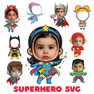 Superhero Yourself Clipart Bundle, Add Your Photo, Kids Custom Face Superheroes PNG and SVG, Birthday Party Decor, Digital Download
