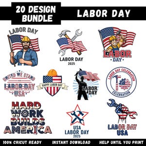 Könnte beinhalten: Eine Sammlung von 20 Labor-Day-Design-Bundles. Die Designs zeigen patriotische Themen mit amerikanischen Flaggen, Werkzeugen und dem Text "Labor Day" und "USA". Die Designs sind in Rot, Weiß, Blau und Schwarz gehalten.