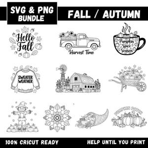 May include: Black and white SVG and PNG bundle with fall-themed designs. Includes illustrations of pumpkins, a truck, a coffee cup, a sweater, a barn, a wheelbarrow, a scarecrow, a cornucopia, and a pumpkin patch.