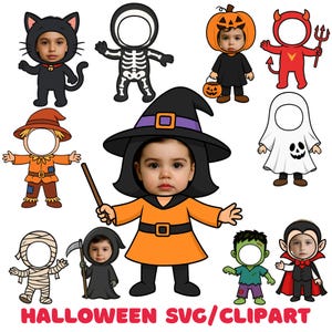 May include: A selection of Halloween-themed SVG/clipart illustrations. The designs include a black cat, skeleton, pumpkin, devil, scarecrow, witch, ghost, mummy, grim reaper, Frankenstein's monster, and vampire. The text "HALLOWEEN SVG/CLIPART" is at the bottom.