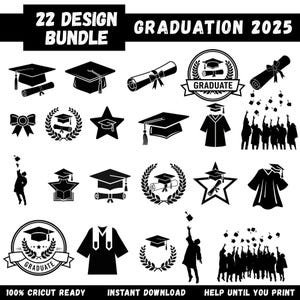 Könnte beinhalten: Ein schwarz-weißes Design-Bundle für den Abschluss im Jahr 2025. Das Bild zeigt Abschlusskappen, Diplome, Lorbeerkränze und Silhouetten von Absolventen. Text beinhaltet "22 DESIGN BUNDLE", "GRADUATION 2025", "GRADUATE", "100% CRICUT READY".