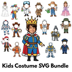Kids Costume SVG Bundle | 29 Face Cutout Clipart | Birthday Party Costume SVG PNG | Cricut Kids Dress Up Clipart Download