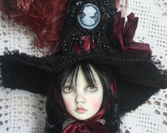 Black Beaded "Midnight Witch" With Wine Velvet Rose and Plume Witch Hat For Ball Jointed Dolls