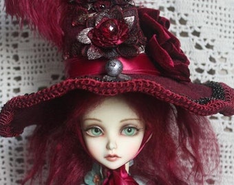 Ruby Red With Crystals And Beads Witch Hat Halloween Hat Felt Hat Doll Hat For Ball Jointed Dolls & Blythe