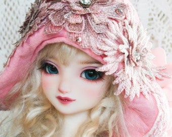 Pink Florals And Rhinestones Appliques With Large Pink Velvet Cabbage Rose Flapper Style Hat For SD Sized Ball Jointed Dolls