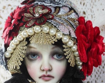 Stunning Red, Gold and Baby Blue Felt Flapper Style Cloche Hat With Red Velvet Rose For SD Sized Ball Jointed Dolls & Blythe