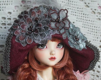 Wine and Silver Floral With Pearls Felt Flapper Style Hat For SD Sized Ball Jointed Dolls